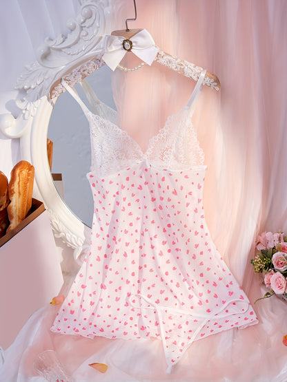 Contrast Lace Pajama Set, Heart Print Deep V Slip Nightdress & Thong, Women's Sleepwear & Dresses