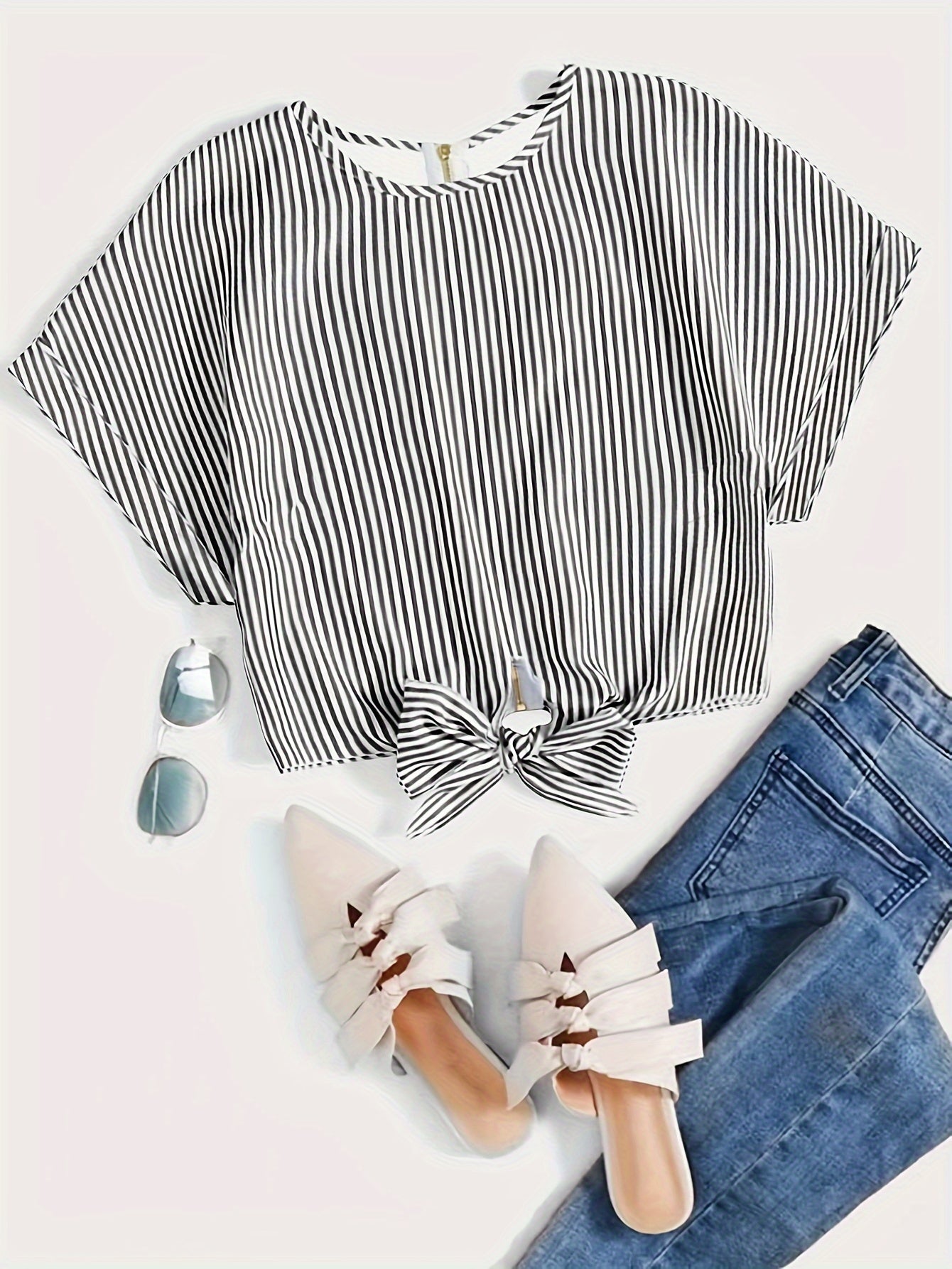 Striped Zip Up Knotted Blouse, Elegant Short Sleeve Crop Top For Spring & Summer, Women's Clothing