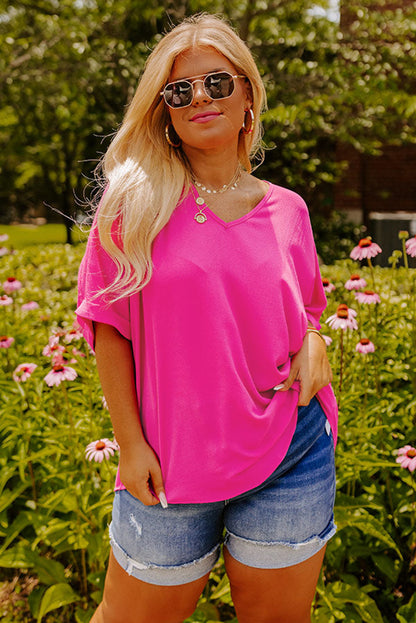 Bright Pink Seamed Back High Low Hem V Neck Cuffed Sleeve Plus Size Tee
