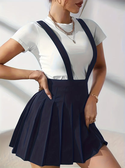 Overall Suspender Skirts, Casual Solid Pleated High Waist Skirts, Women's Clothing