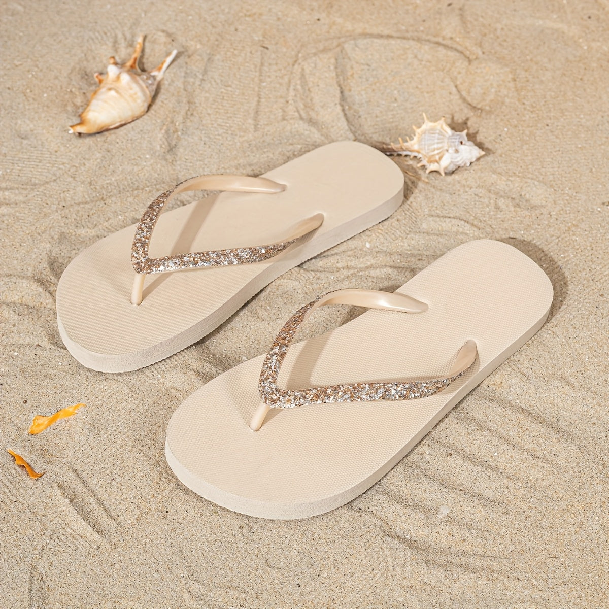 [Glitter Flip-Flops] Light Blue Women's Minimalist Glitter Flip-Flops | TPU Upper with EVA Sole, Flat Sandals for Summer Beach & Casual Wear