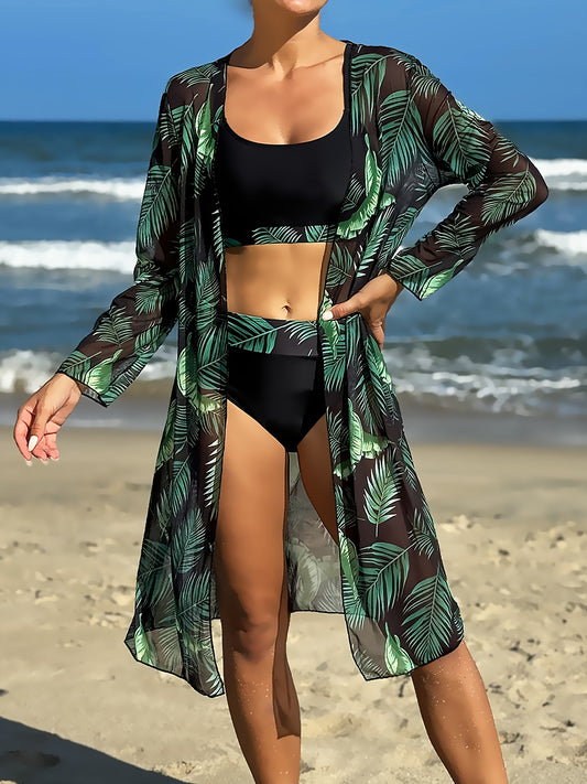 Tropical Leaf Print Stretchy 3 Piece Set Bikini With Long Sleeve Kimono, Scoop Neck Contrast Band Stylish Swimsuits, Women's Swimwear & Clothing For Holiday