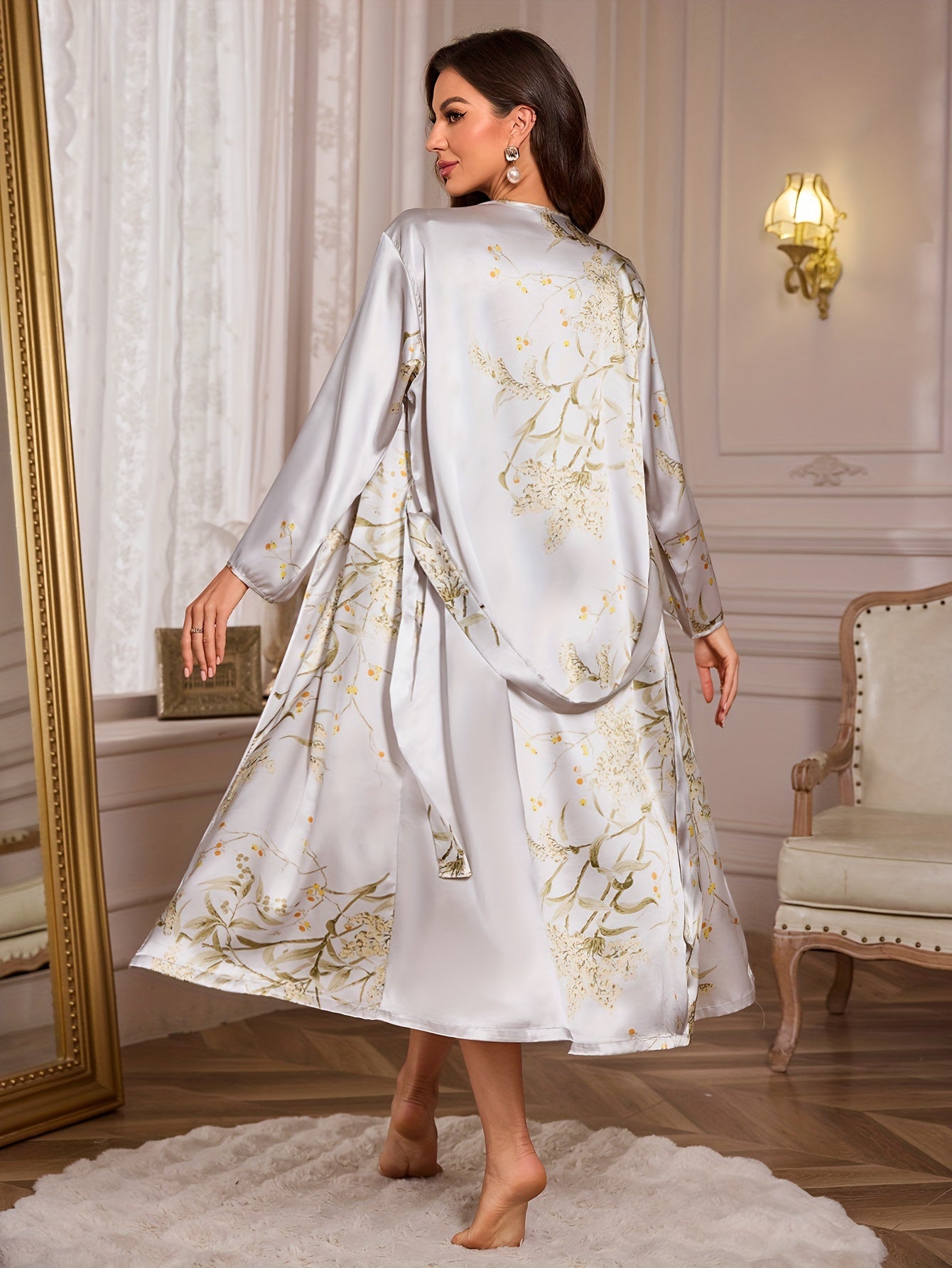 Women's Fashion Sleepwear, Long Sleeve Satin Robe with Cherry Print, V-Neck, Breathable Summer Bath Robe, Home Loungewear, Polyester, Adult Size, Woven Fabric