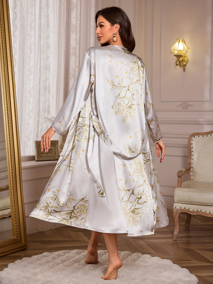 Women's Fashion Sleepwear, Long Sleeve Satin Robe with Cherry Print, V-Neck, Breathable Summer Bath Robe, Home Loungewear, Polyester, Adult Size, Woven Fabric