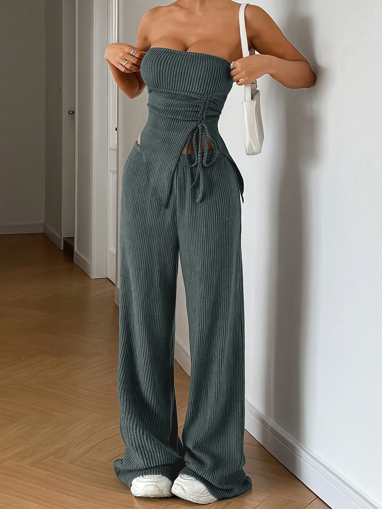 Women's Summer Fashion Outfit - Solid Color Crop Top and Pants, Side Drawstring, Comfortable for Casual Wear