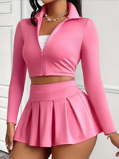 Women's Sexy Long Sleeve Jacket & Mini Pleated Skirt with High Elastic Underpants
