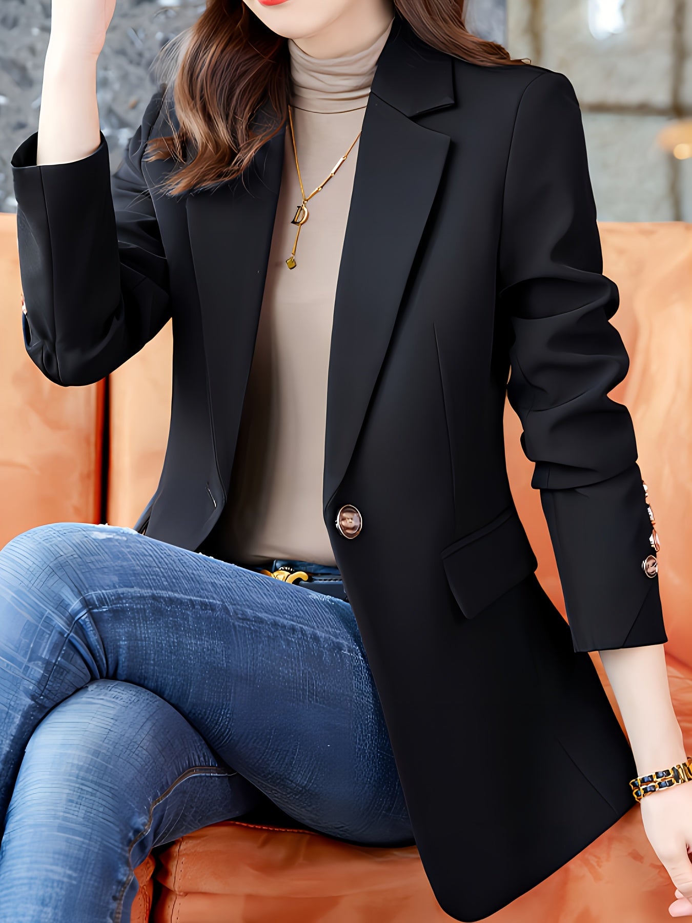 Elegant Black Blazer with Golden Buttons - Stylish Long Sleeve Women'S Blazer for Work & Casual, Autumn & Winter, Casual Workwear | Elegant Blazer | Stylish Button Detail, Blazers for Women