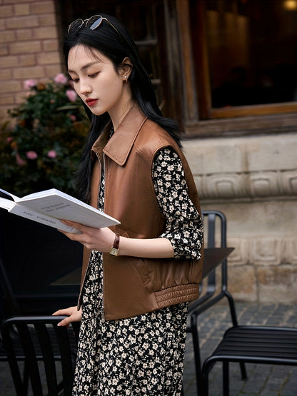 Women's Vintage Style Versatile Genuine Sheepskin Leather Vest, Casual Sleeveless Jacket With Zipper Detail