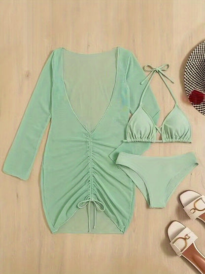 3-Piece Green Halter Bikini Set - Adjustable Neckline, High Cut Bottom, Long Sleeve Drawstring Cover Up Dress - Trendy Womens Swimwear for Beach Style