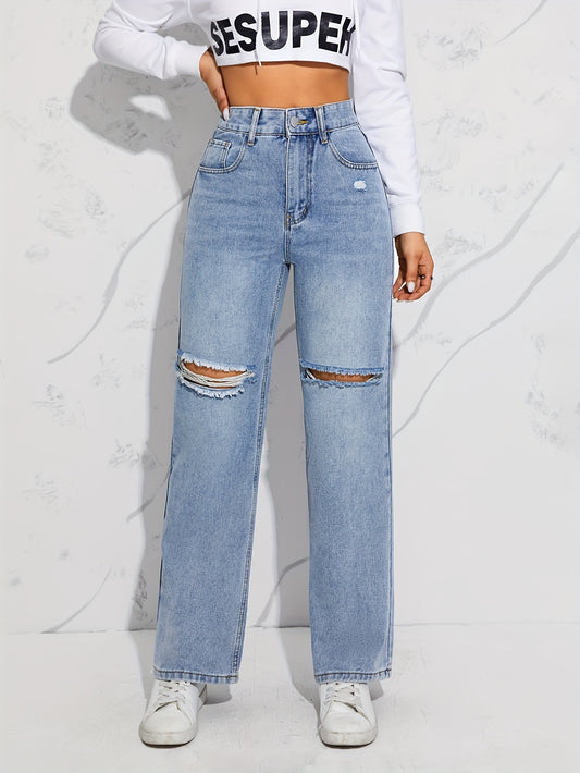 Blue Loose Fit Straight Jeans, Ripped Holes Non-Stretch Distressed Wide Legs Jeans, Women's Denim Jeans & Clothing