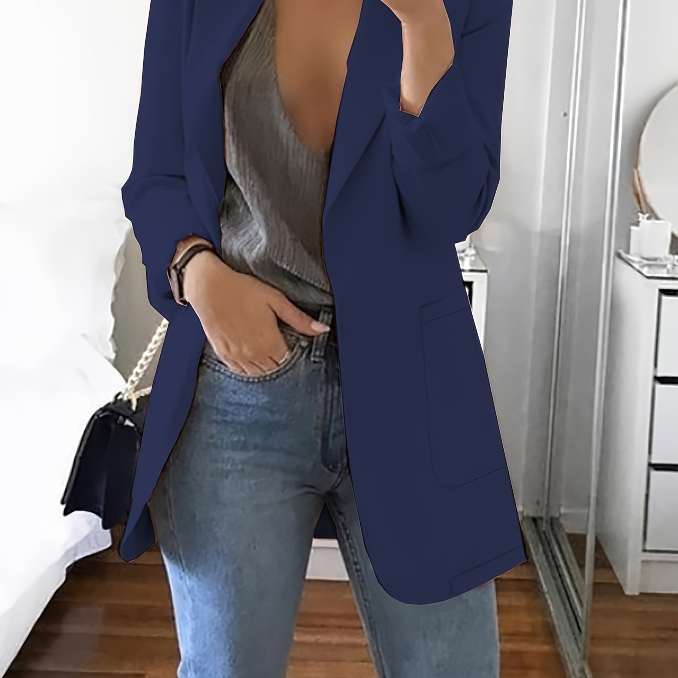 Stylish Blue Open Front Blazer for Women - Slim Fit, Long Sleeve, Casual Office & Work Jacket with Pockets, Lightweight Polyester, Machine Washable, Spring/Summer/Fall Wear, Casual Office Wear | Slim Fit Jacket | Glossy Finis