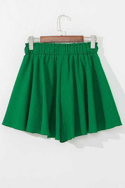 Dark Green Textured Frilled Lace-up Elastic Waistband Ruffle Wide Leg Shorts