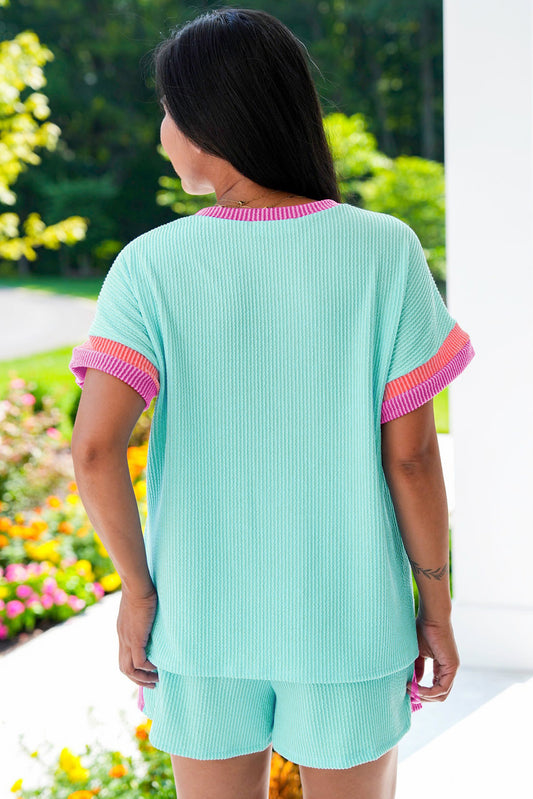 Light Blue Plus Size Color Block Corded Knit Tee and Shorts Set