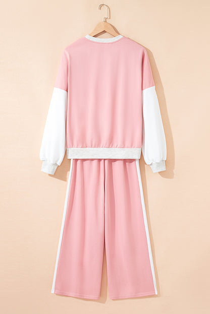 Light Pink 2pcs Color Block Pullover Loose Pant Set