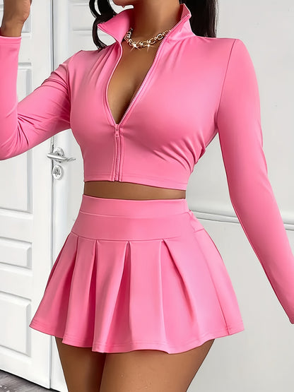 Women's Sexy Long Sleeve Jacket & Mini Pleated Skirt with High Elastic Underpants