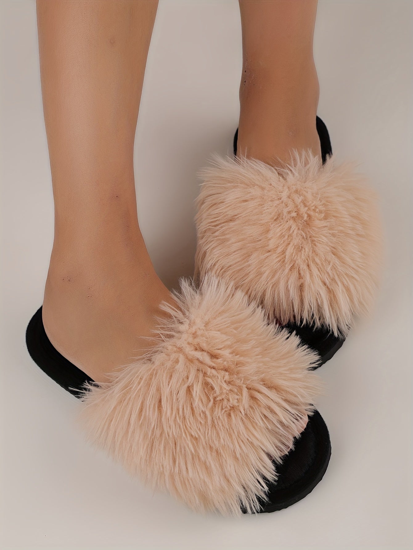 Elegant Women's Faux Fur Slippers - Winter Plush Open Toe Slip-On House Slippers with EVA Sole - Solid Color Fluffy Indoor Cotton Slides - Cixi Production Area