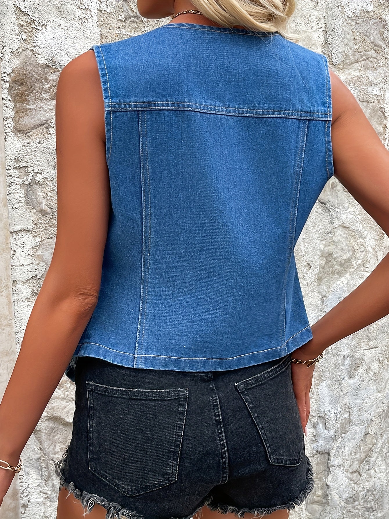 Womens Classic Sleeveless Denim Vest Jacket - Button Front, Non-Stretch, Solid Color, Elegant Style for Spring/Summer Outfits, Machine Washable, Customized Fit - Perfect for Casual Chic Looks