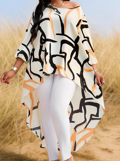 Women's Plus Size Abstract Print Blouse - Elegant Summer Shirt with Asymmetrical Hem, Round Neck, Machine Washable, White/Black/Orange/Beige, Casual to Formal Wear, Versatile Fashion, Flowy Fabric Top