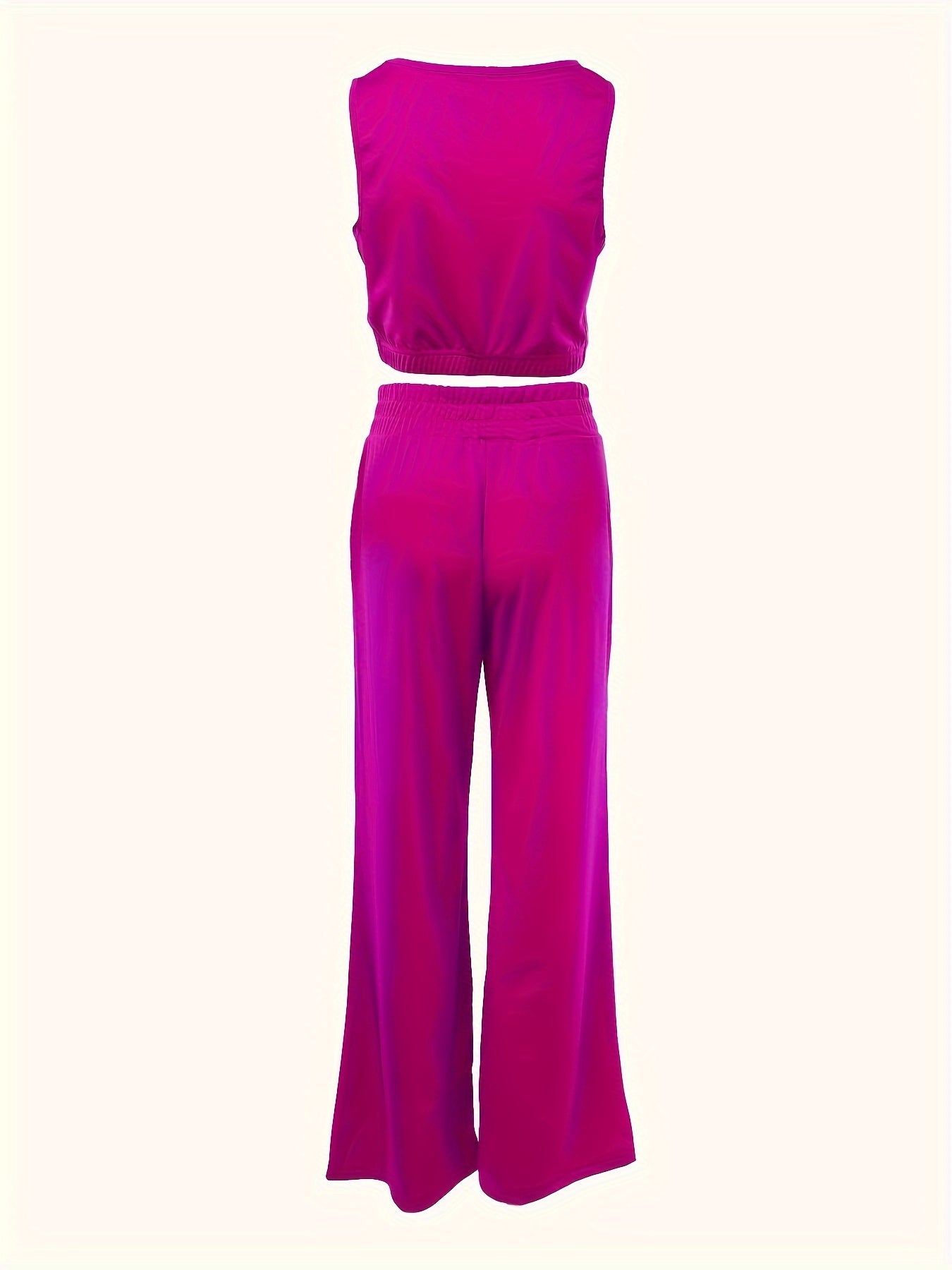 Trendy Two-Piece Crop Top Set - Soft Solid Color, Crew Neck, Drawstring Waist, Straight Leg Pants, Comfy Women's Casual Outfit for Daily Wear