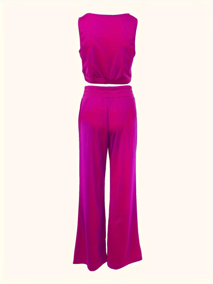 Trendy Two-Piece Crop Top Set - Soft Solid Color, Crew Neck, Drawstring Waist, Straight Leg Pants, Comfy Women's Casual Outfit for Daily Wear