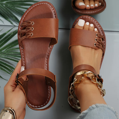 Women's Ankle Strap Flat Sandals, Solid Color Open Toe Summer Shoes, Casual Outdoor Beach Sandals