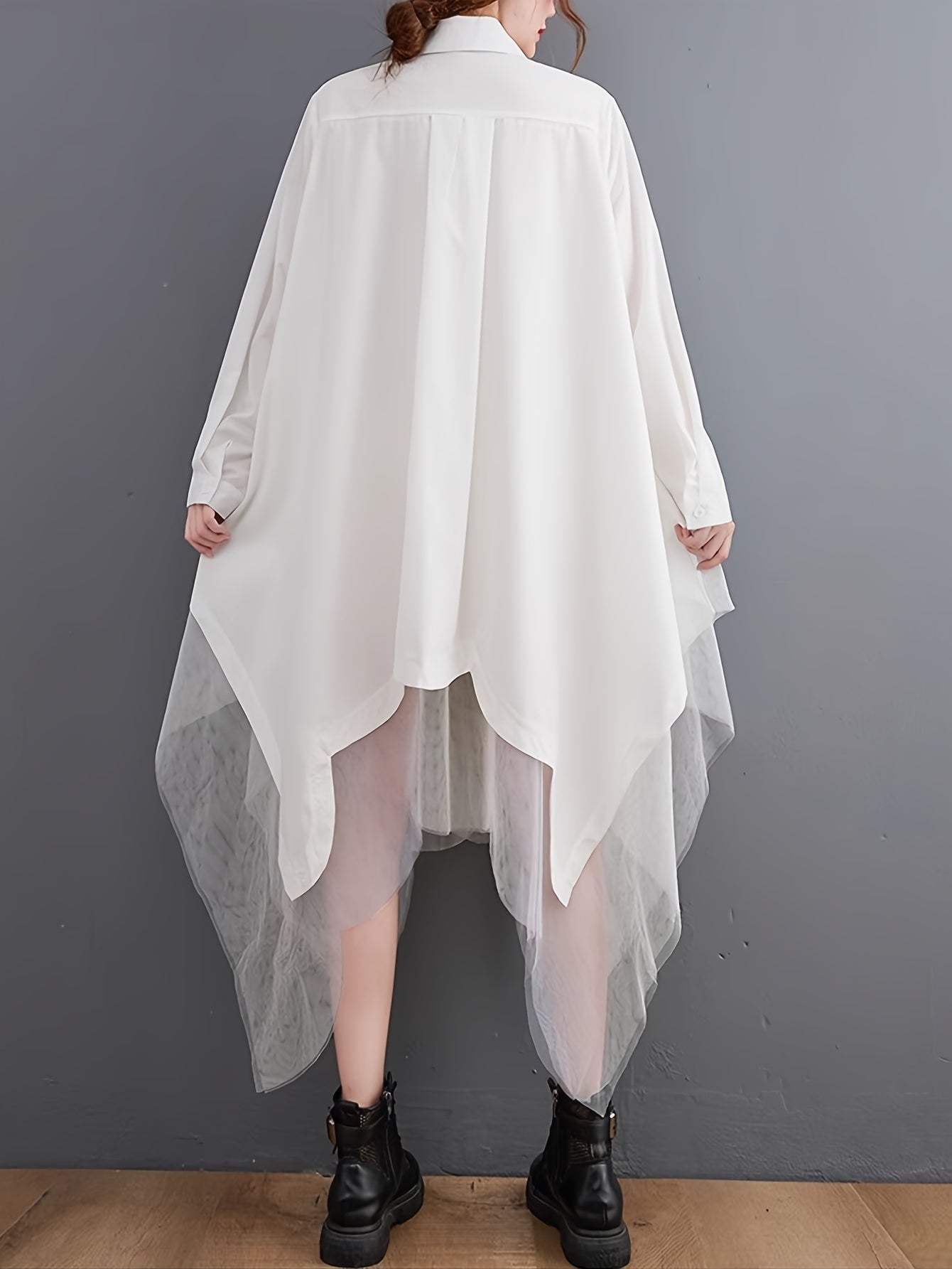 Asymmetric Hem Button Front Shirt, Stylish Long Sleeve Contrast Mesh Loose Blouse For Spring & Fall, Women's Clothing