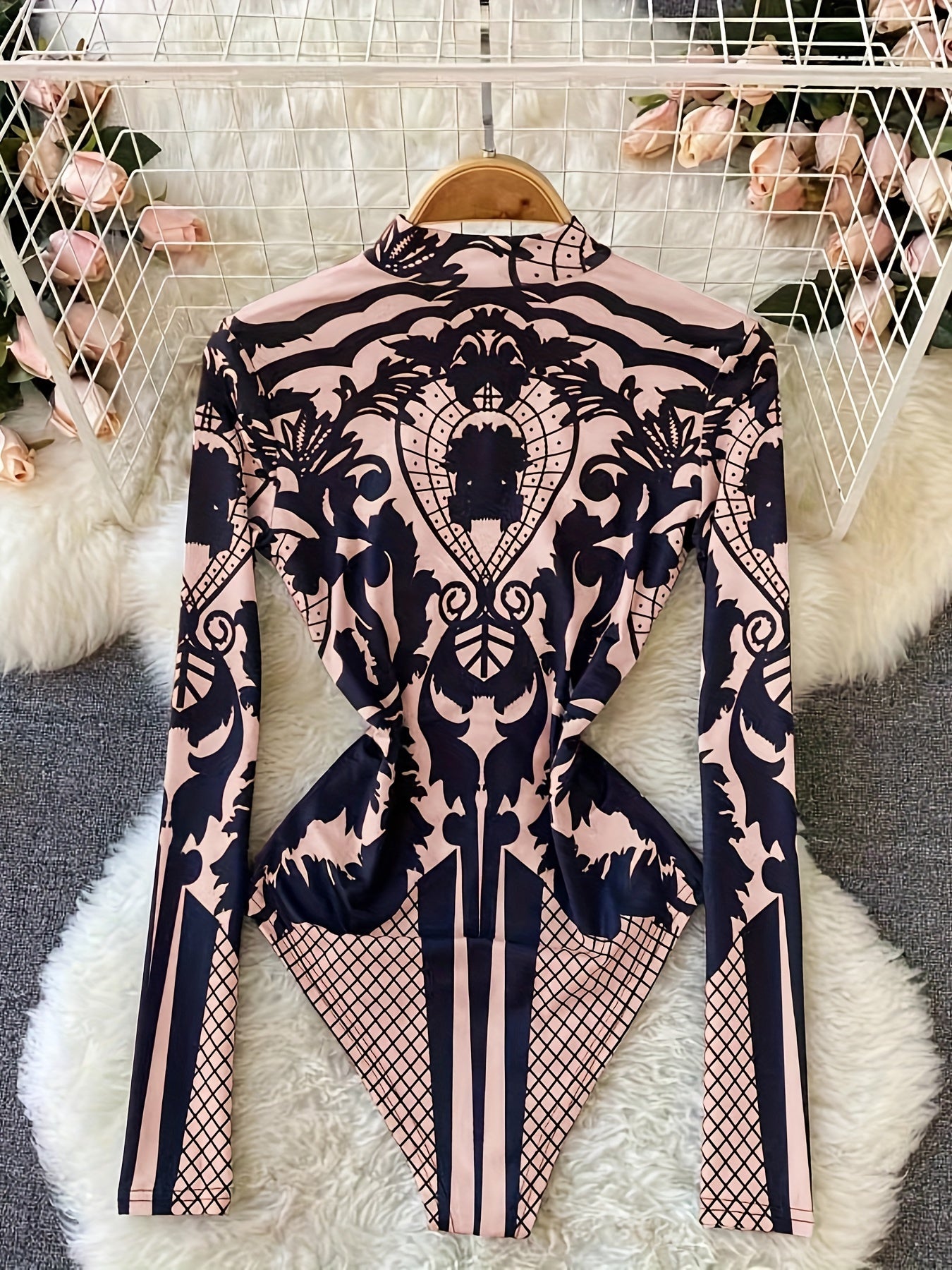 Women'S Tropical Print Bodysuit with Rhinestone Detail - Slim Fit, Stand Collar, Long Sleeve, All-Season Versatile Jumpsuit for Casual or Stylish Outfits, Stylish Outfit Bodysuit | Stand Collar Top | Polyester Fabric, Bodysui