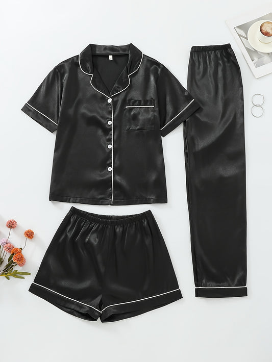 3pcs Women'S Casual Solid Color Short Sleeve Long Pants Pajama Set, Polyester Spandex, All-Season Sleepwear, Loungewear Set|Short Sleeve Top|Polyester Blend, Sleepwear Loungewea