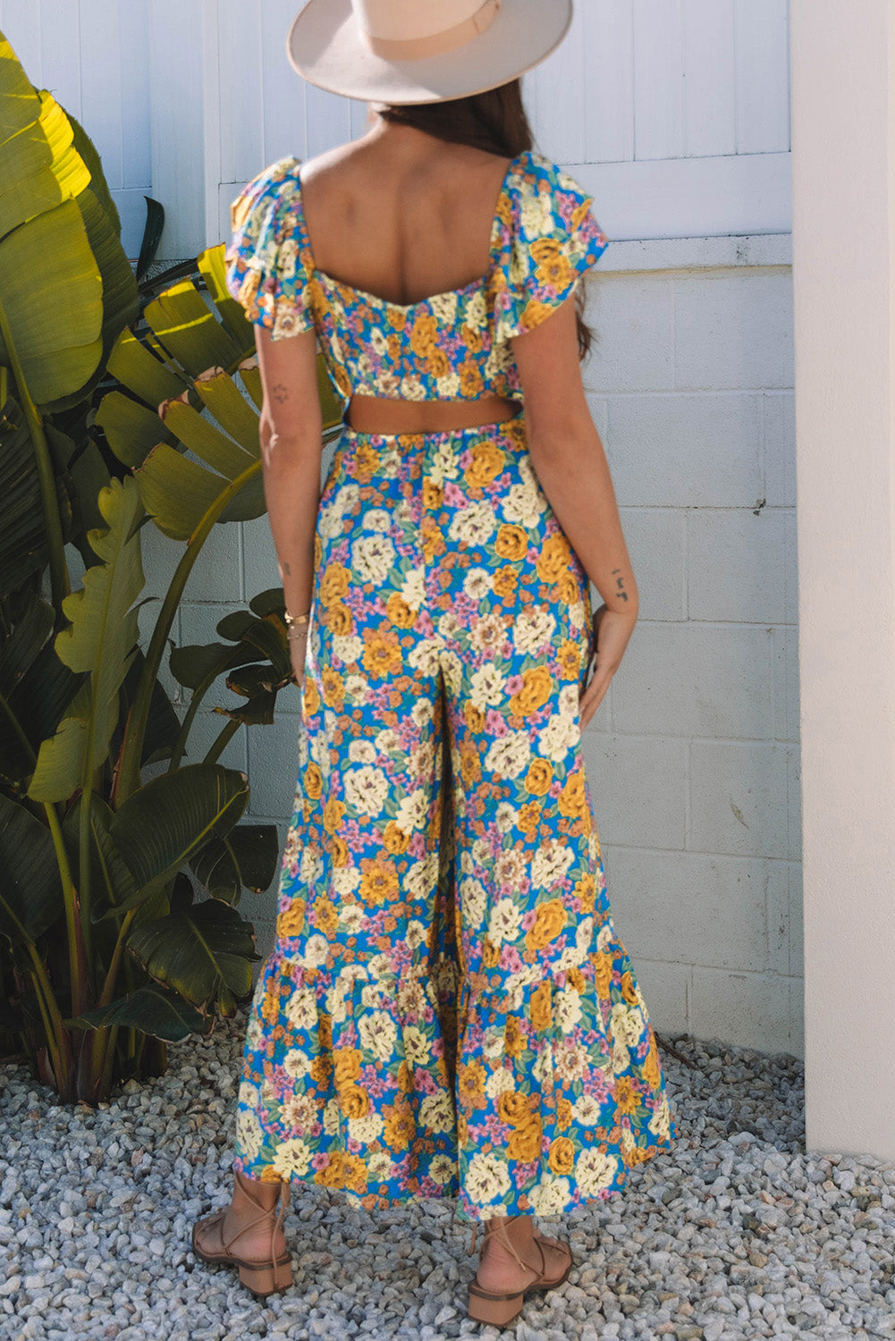 Yellow Floral Allover Print Shirred Cut Out High Waist Jumpsuit