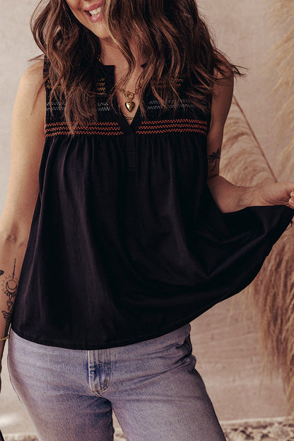 Black Colorful Shirred Yoke Notched V Neck Tank Top