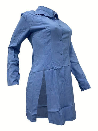 Women's Slim-Fit White Long Sleeve Shirt with Notch Lapel & Side Slit - Solid Color Button-Up Blouse, Machine Washable, Versatile for Casual & Formal Wear, Ladies Blouses