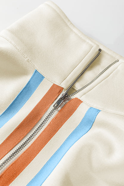 Apricot Striped Patchwork Quarter Zip Pullover Loose Pant Set