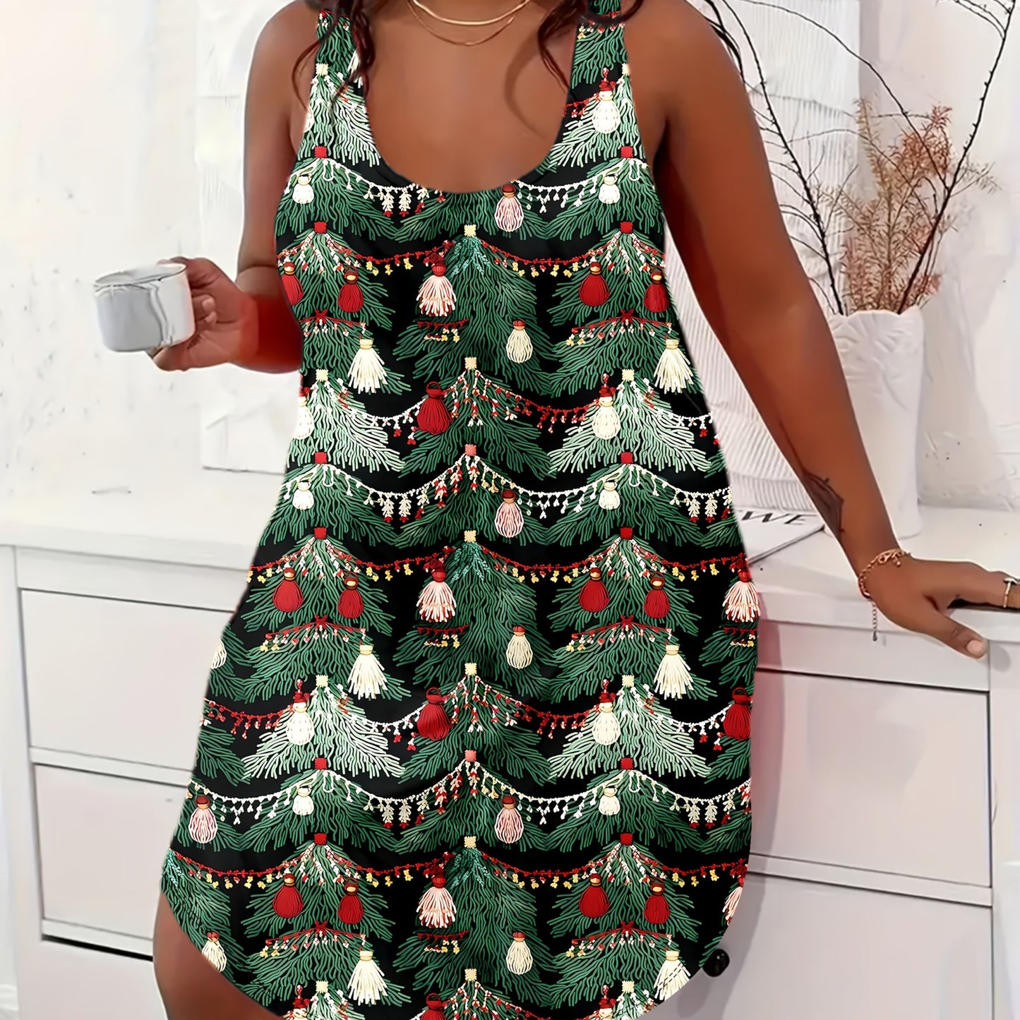 Women's Elegant Christmas Tree Print Nightgown - Soft Polyester Sleeveless A-Line Sleep Dress with Exposed Shoulder Neckline, Vibrant Red Green Golden White Print, All-Season Machine Washable Plus Size Holiday Sleepwear for C