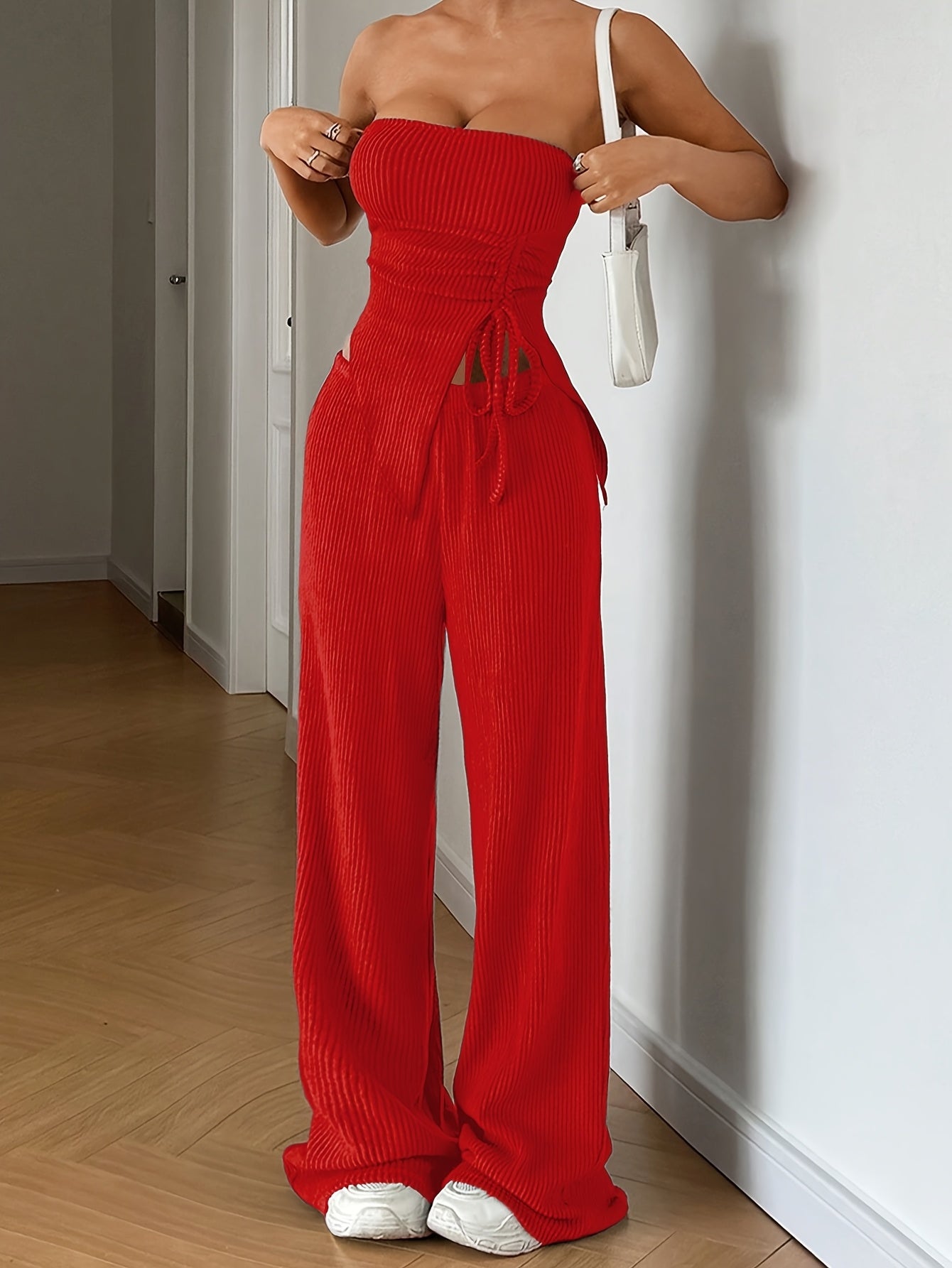 Women's Summer Fashion Outfit - Solid Color Crop Top and Pants, Side Drawstring, Comfortable for Casual Wear