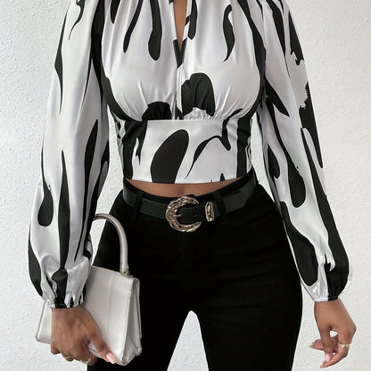 Graphic Print Mock Neck Crop Blouse, Elegant Long Sleeve Cut Out Shirred Blouse, Women's Clothing