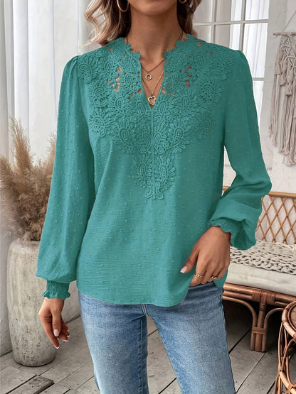 Stylish Plus Size Teal V-Neck Blouse with Lace Detailing - Lightweight Polyester Blend for Spring/Summer - Machine Washable Casual Shirt
