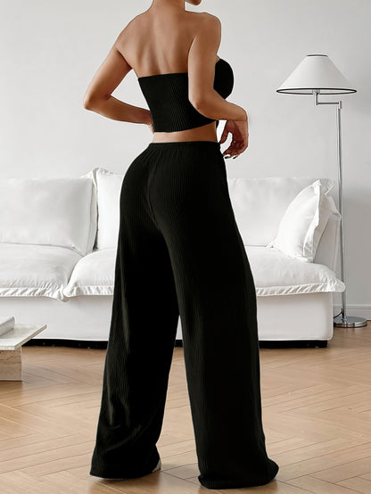 Women's Summer Fashion Outfit - Solid Color Crop Top and Pants, Side Drawstring, Comfortable for Casual Wear
