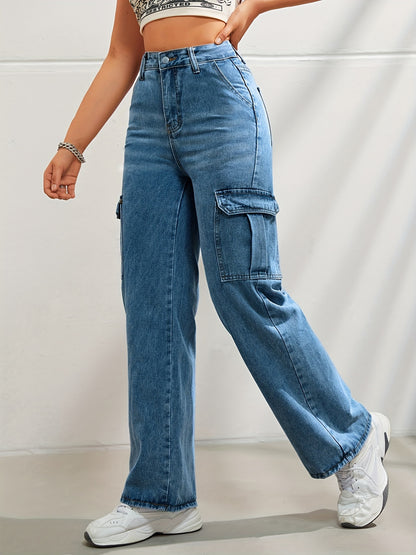 Side Flap Pocket High Waist Denim Cargo Pants, Light Washed Casual Slash Pocket Cargo Jeans, Kpop Y2K, Women's Denim Jeans & Clothing