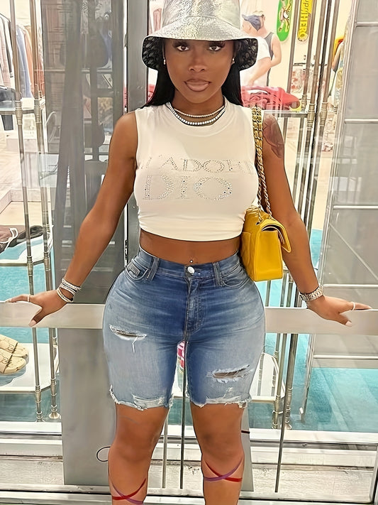 Vibrant Blue Ripped Holes Slim Fit Denim Shorts - High Stretch, Raw Hem, Comfortable, Distressed, Fashionable - Women's Summer Essential Denim Jeans & Clothing