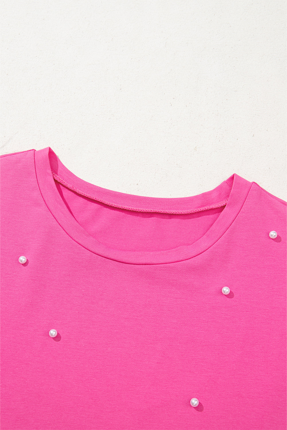 Bright Pink Pearl Beaded Drop Shoulder Crewneck T Shirt