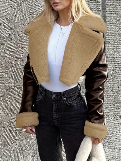 Women'S Elegant Teddy Lined Jacket with Turnover Sleeves, Zipper Closure, and Moto-Inspired Design - Vintage Streetwear Collar, Perfect for Fall/Winter