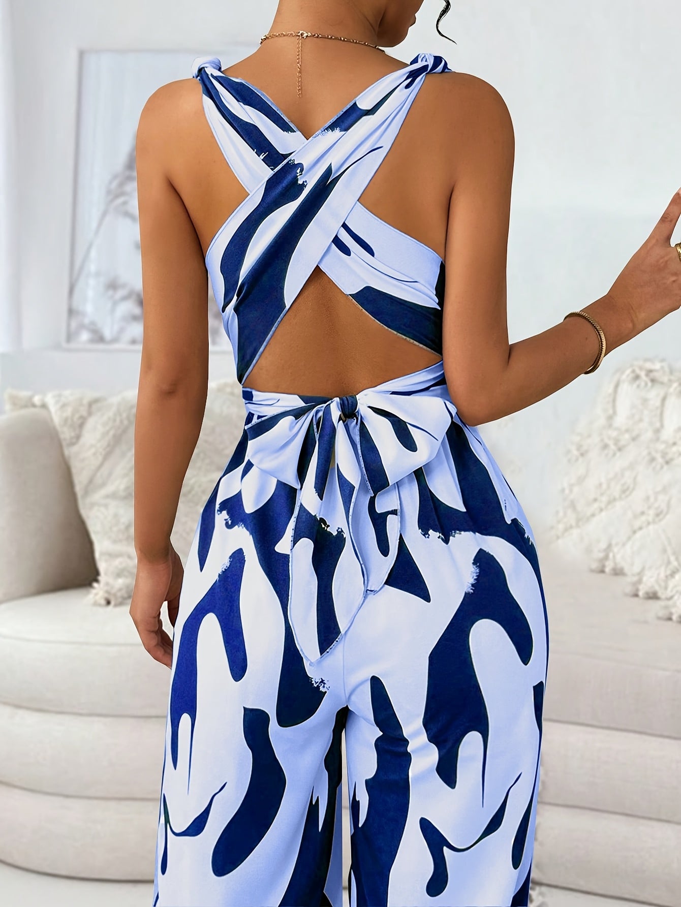 Elegant Women'S Fashion Jumpsuit, Geometric Pattern, Non-Stretch Polyester, 110g/m², Woven, Cross Strap Detail