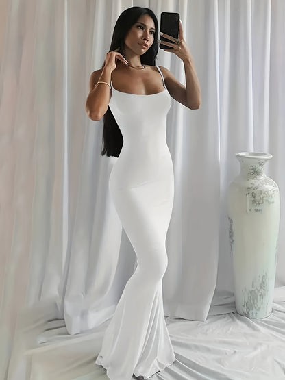 Elegant Solid Slip Lounge Dresses, Scoop Neck Bodycon Maxi Mermaid Dress, Women's Loungewear & Dresses