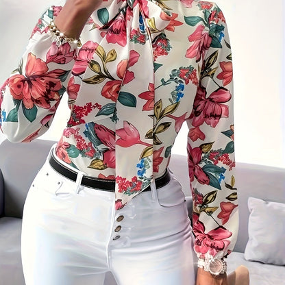 Charming Floral Print Tie Neck Blouse - Fashionable Long Sleeve for Spring & Fall - All-Season Elegance - Womens Wardrobe Staple