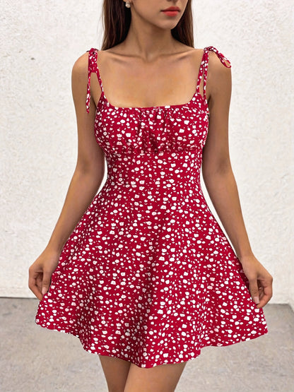 Elegant Floral Print Stretch Waist Cami Dress - Sleeveless Ruffled Hem Midi Dress for Women, Yellow & Pink Floral Pattern, Perfect for Casual Outings