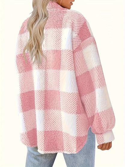 Cozy Plaid Teddy Jacket - Soft Thermal Long Sleeve, Flap Pockets, Button Front, Casual Chic Coat for Fall & Winter - Women's Warm Clothing for Everyday Wear