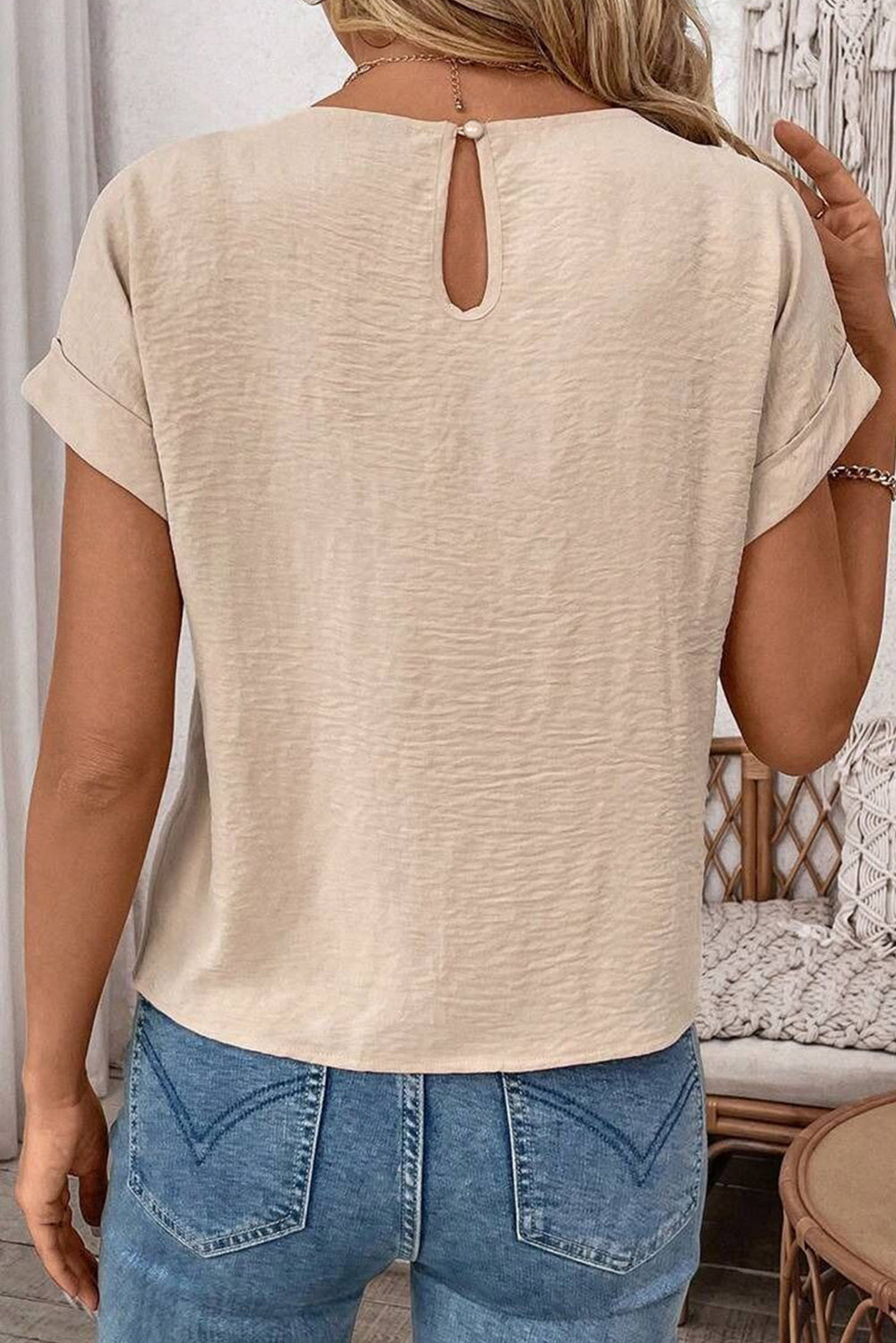 Parchment Solid Color Knotted Hem Short Sleeve Blouse