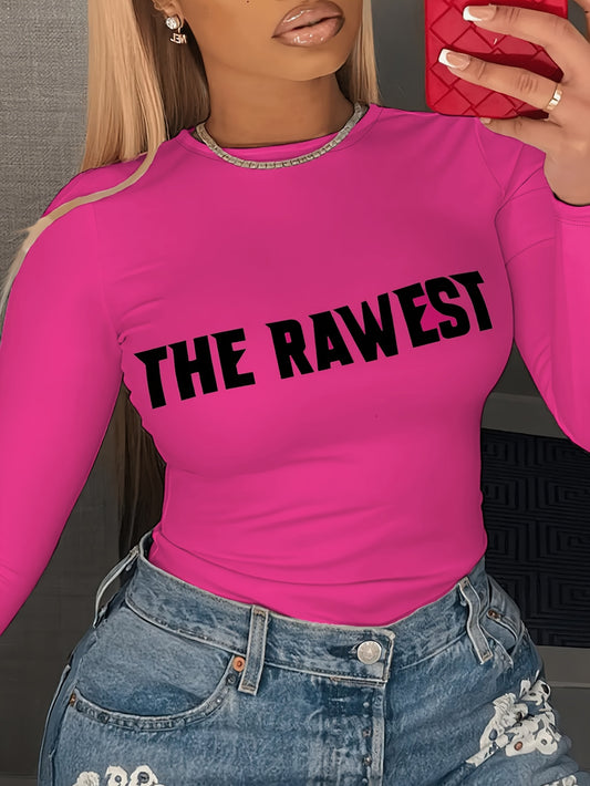 Women'S Casual Crew Neck Long Sleeve Blouse, Polyester Knit Fabric, with "THE RAWEST" Letter Print, for Spring/Fall