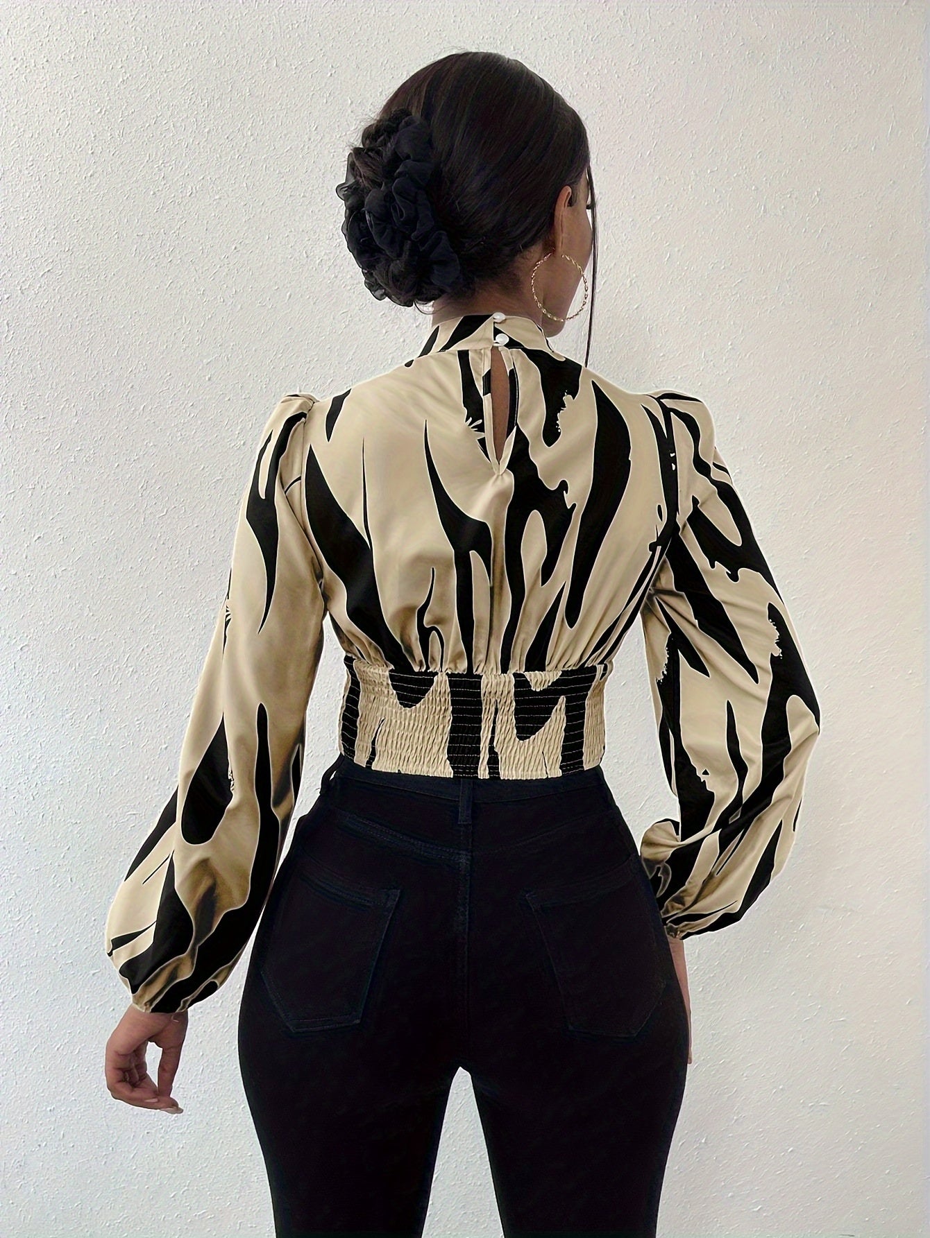 Graphic Print Mock Neck Crop Blouse, Elegant Long Sleeve Cut Out Shirred Blouse, Women's Clothing