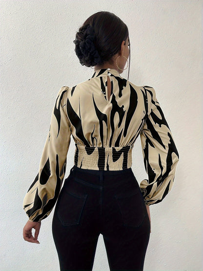 Graphic Print Mock Neck Crop Blouse, Elegant Long Sleeve Cut Out Shirred Blouse, Women's Clothing